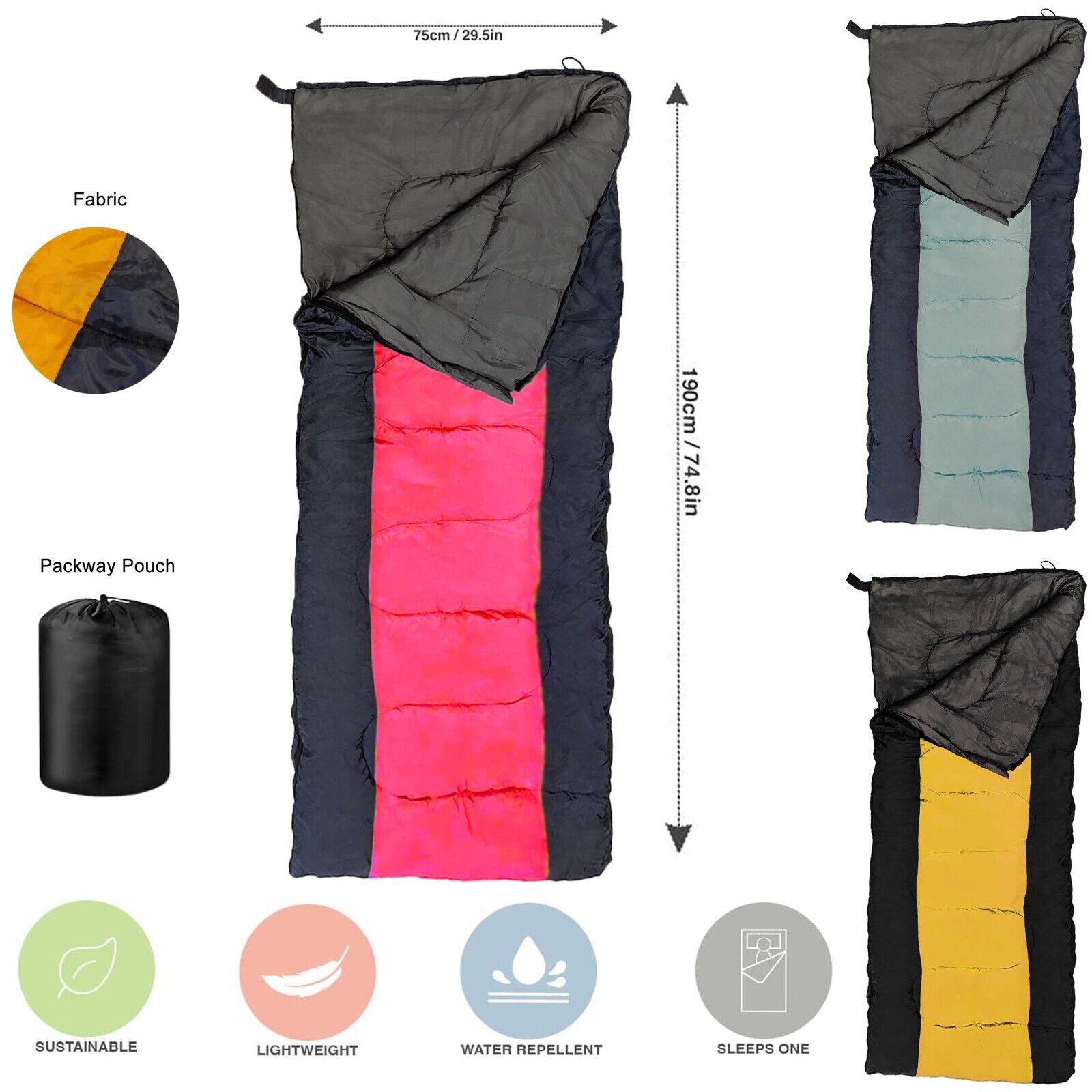 Envelope Sleeping Bag Warm & Portable for Camping Hiking Festivals 3 Seasons