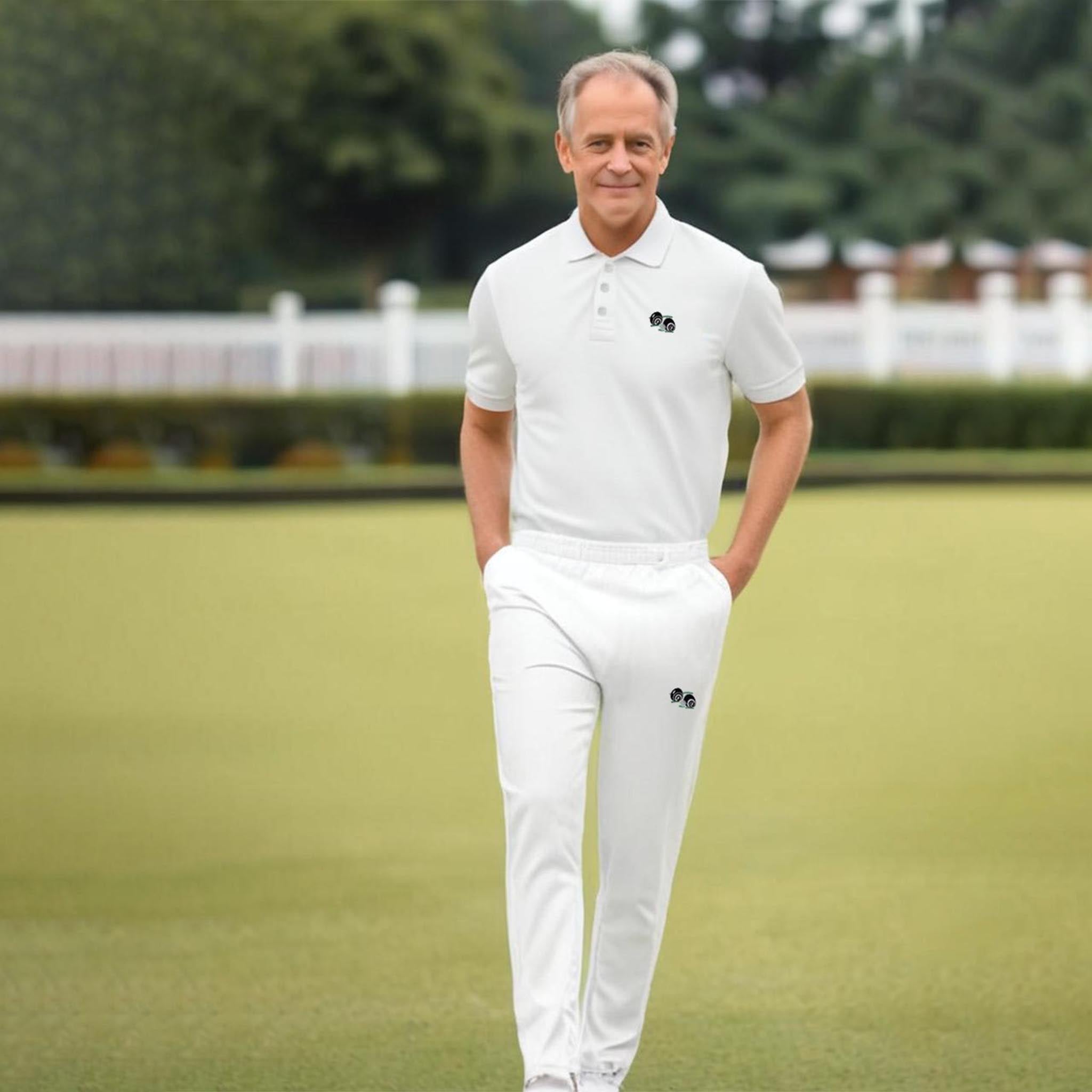 Men's Lawn Bowling White Polo Shirt with Logo