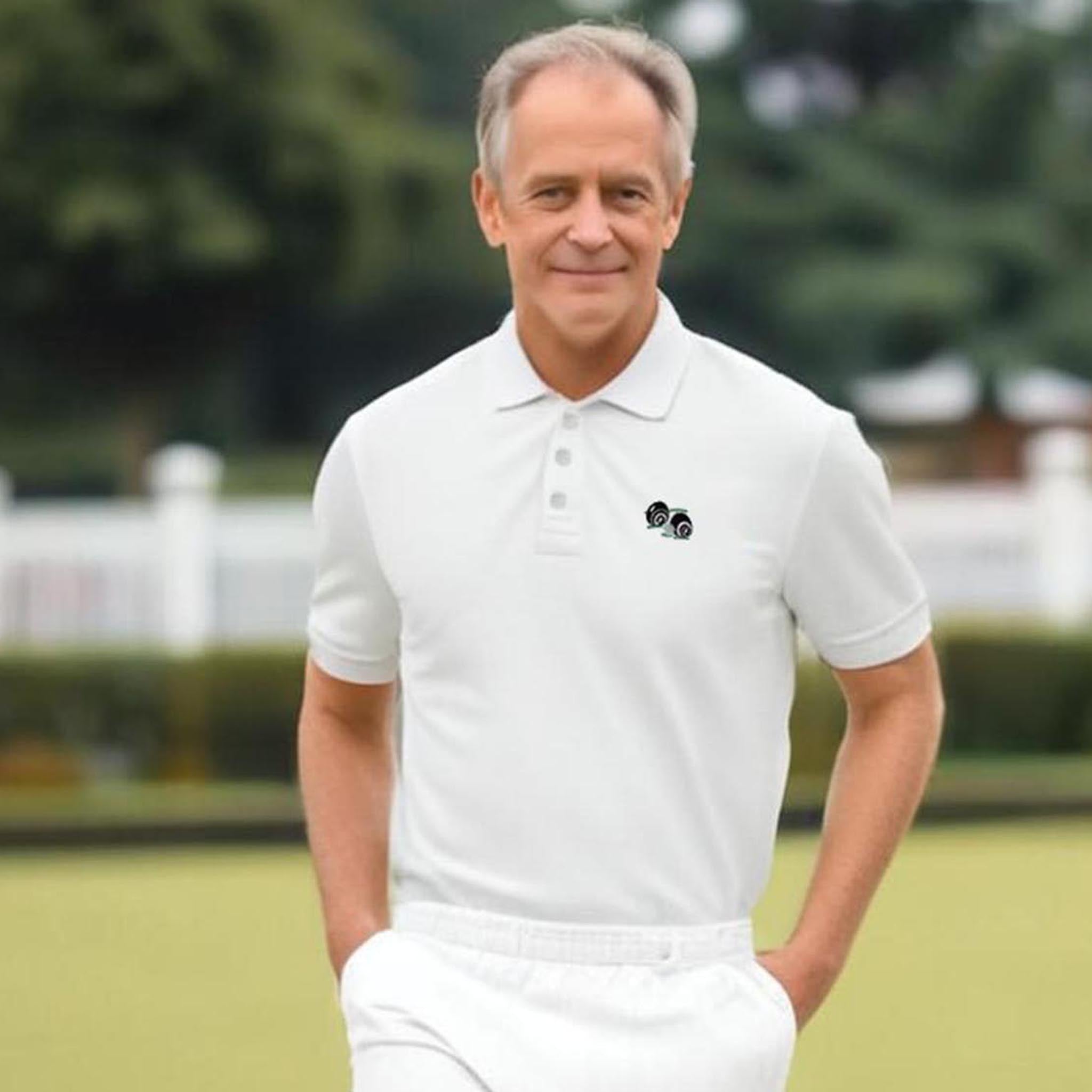 Men's Lawn Bowling White Polo Shirt with Logo