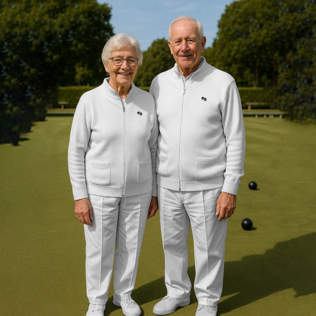 Adults Unisex Lawn Bowling White Zip Cardigan with Logo